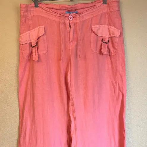 Johnny Was Size MEDIUM Coral Pink Linen Wide Leg Button-Front Pants