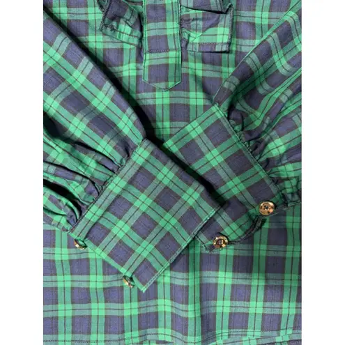 CK Bradley Women's Green Navy Plaid Ruffled Mock Neck Long Sleeve Shirt Size L Size L