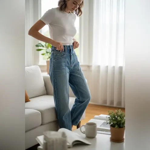 Abercrombie & Fitch  High Rise Barrel Jean with vertical seams in a light wash - Image 3