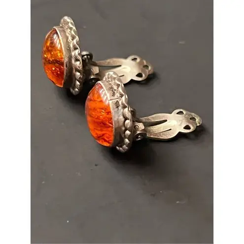 Baltic Amber Round Navajo USA Native American 925 Sterling Clip On Earrings Vtg Orange