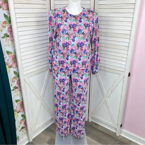 WAYF  Floral Accordion Pleat Satin Pull On Straight Leg Pants Purple Pink Large