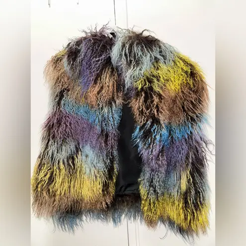 Adrienne Landau Mongolian Lamb Shaggy Fur Vest in Colorful Hues Small Yellow