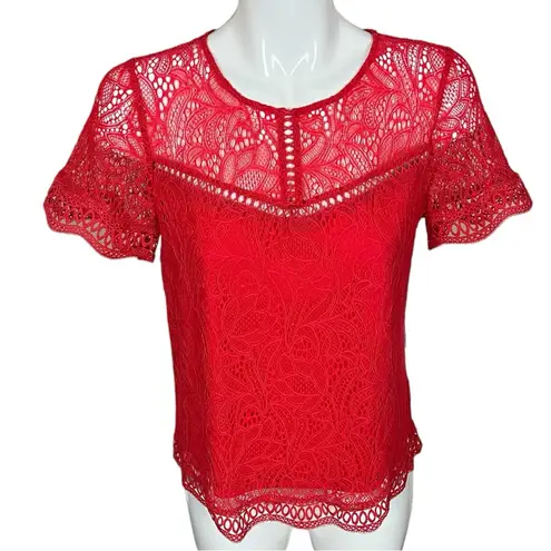 Laundry by Shelli Segal Hibiscus Red Crochet Knit Scalloped Hem Top Small NWT