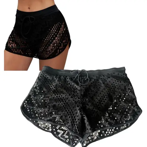 Black Crochet Swimming SHORTS Hollow Out Lace Over SWIM BOTTOM LG Women's NWOT