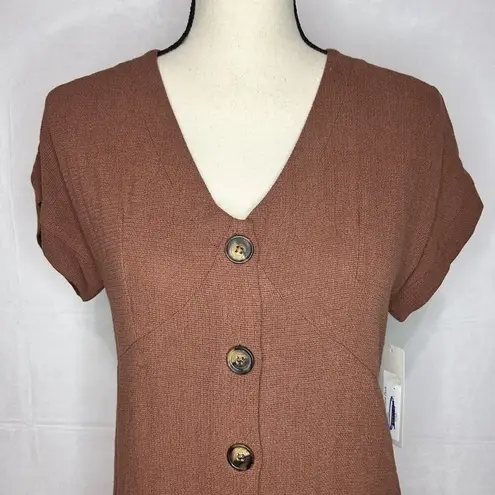 Fourteen & 9th V-Neck Button Front Cap Sleeve Linen Blend Dress Brown Sz M NWT