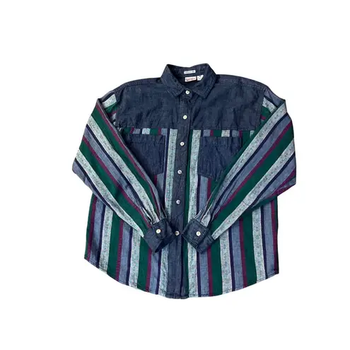 Vintage 90s Huntington Ridge Denim Shirt Womens M 1993 Striped Button Up Blue Size M