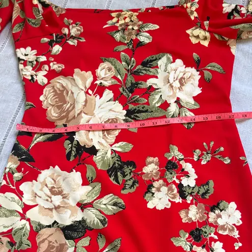 Olivia Matthews Red Floral Midi Dress With Bell Sleeves. Size L