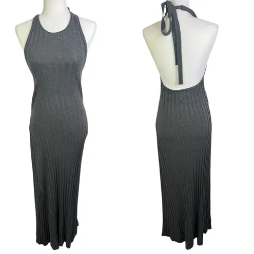 Dissh Goldie Slate Marle Midi Dress Halter Ribbed XL Grey Stretch linen Blend Gray