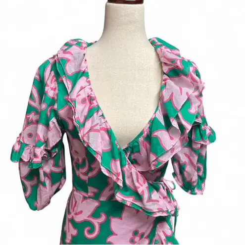 Rhode Womens Lydia Take It Easy Pink Green Floral Print Midi Wrap Dress Size XS