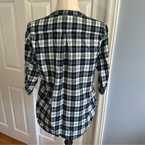 Renee C Plaid Flannel Popover Tunic Shirt Medium Blue Green Roll Tab Sleeve