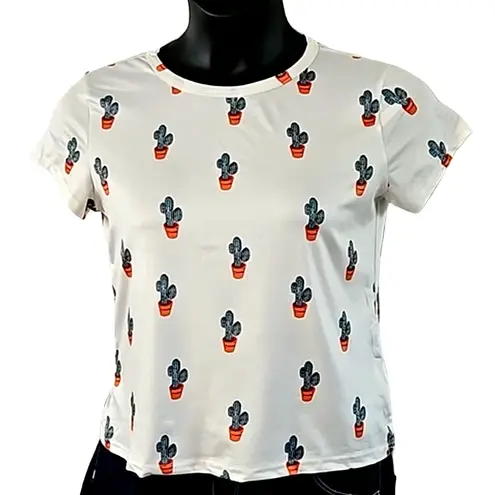Jeuvre Women’s White Cactus Print Short Sleeve Tee Shirt