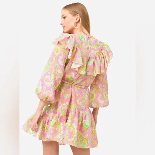 ALÉMAIS Marta Linen Ruffle Mini Dress, Size AUS 4 New w/Tag Pink