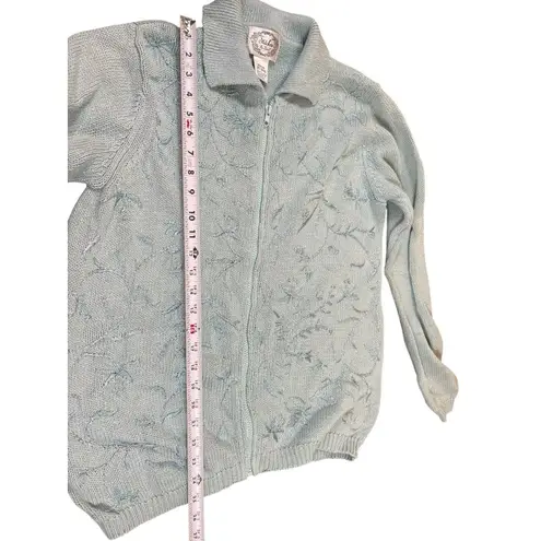 VTG Stitches In Time Women’s M Blue Floral Embroidered Zip Up Cardigan Sweater Size M