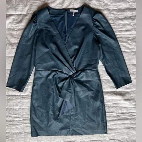 Rebecca Taylor Blue Vegan Leather 3/4 Sleeve Twist Wrap Mini Dress Classy - 16