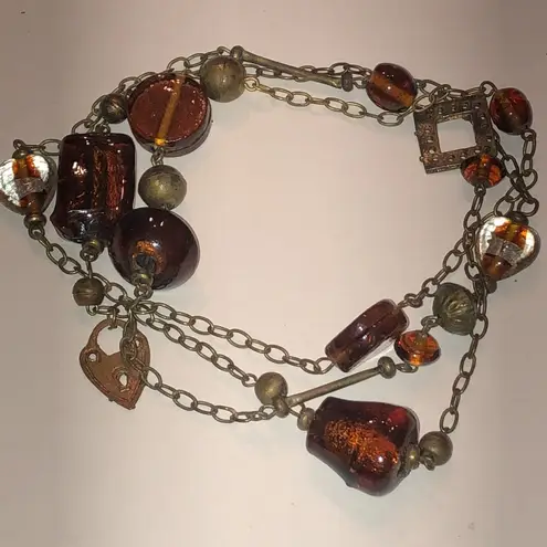 Elegant Brass Tone Amber Color Glass Boho Beaded Necklace Brown