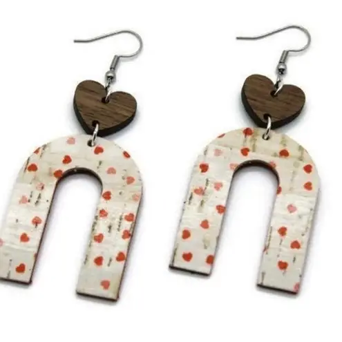 Handmade Cork on Leather and Wood Heart Arch Lightweight Earrings