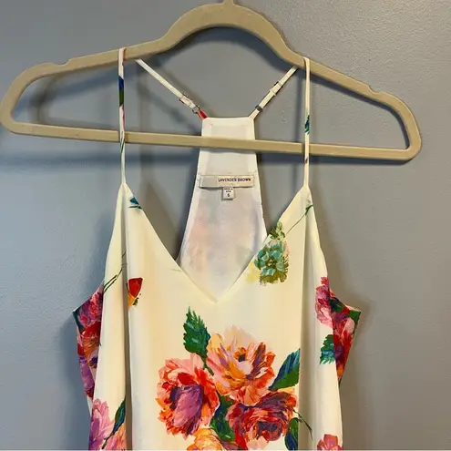 Lavender Brown Tank 100% Silk Floral Racerback Adjustable Strap Top Sz S EUC