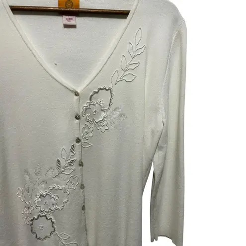Ruby Rd Women Cardigan Sweater Ivory Embroidered Beaded Cottagecore Boho Classic Size L