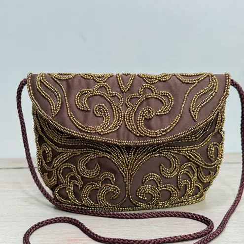 Vintage Walbaeg Beaded Satin Evening Bag Dressy Formal Purse Brown Crossbody