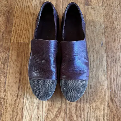 Brunello Cucinelli Metallic Cap Toe Leather Flats Burgundy Slip-On Loafers 36