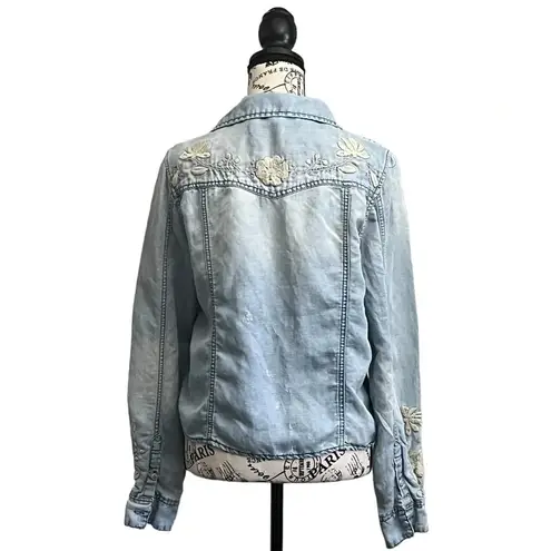 BLANK NYC Womens  Chambray Light Blue Embroidered,Distressed  Crop Blouse L Boho
