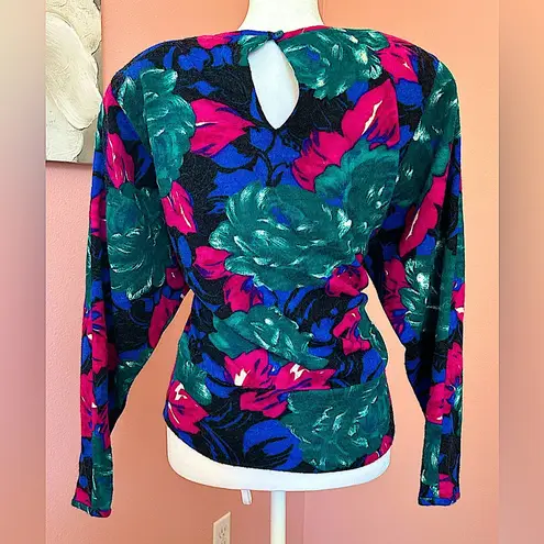 Vintage 1980s glam maximalist floral shirt with shoulder pads 100% wool bold SM