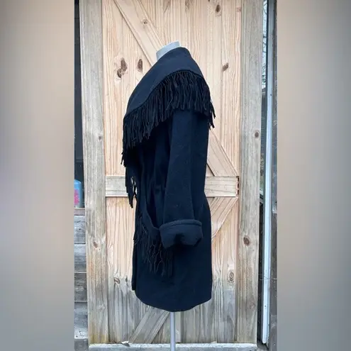 Vintage 80s Black Wool Suede Leather Fringe Concho Southwestern Coat~M~