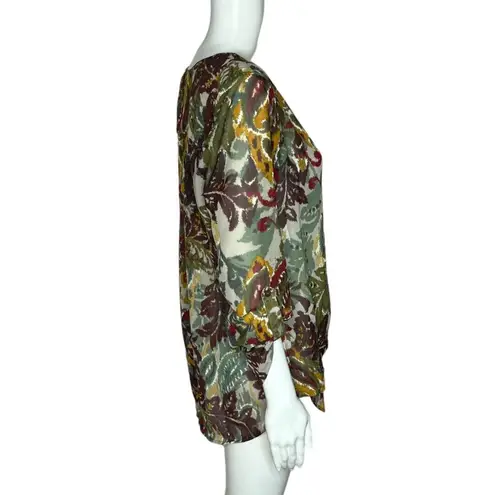 Bobeau Shirt Womens Small Green Orange Brush Stroke Paisley Blouse Boho Colorful