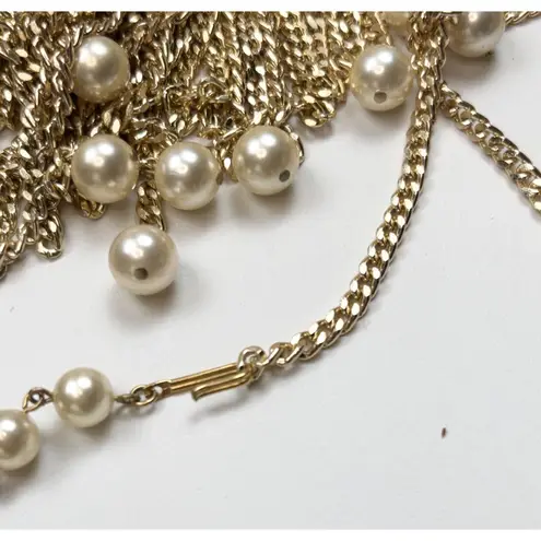Gold Chain Fringe Necklace With Dangling Faux Pearls Adjustable Hook Closure Sta