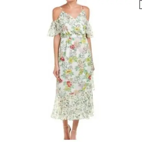 Nanette Lepore  Women Floral Cold Shoulder Ruffle‎ Midi Wrap Dress Sz 6 Whimsical