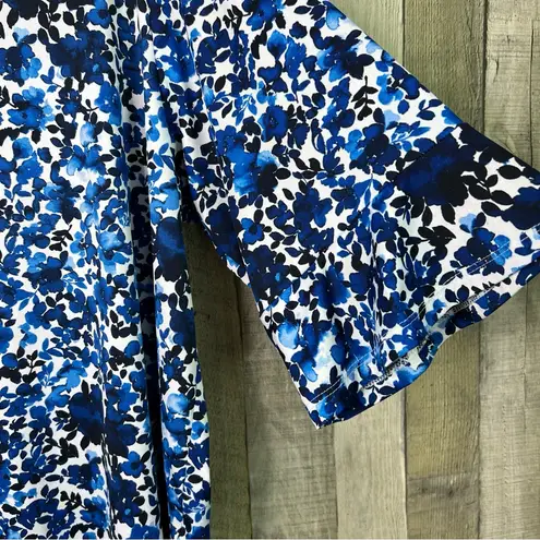Ellen Weaver Size 3X White & Blue Floral Crewneck Short Bell Sleeve Blouse W/Zip