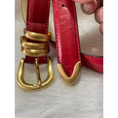 Red Leather Belt With Gold Buckle & Spiral Detail By Riki Designs Small Size Gen