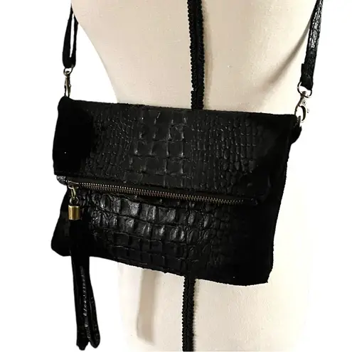 BORSE IN PELLE Made In Italy Croc print Genuine Leather Crossbody Handb… Black