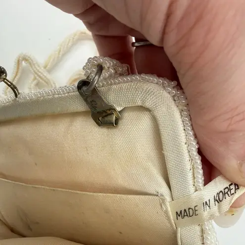 Vintage Ivory Cream Beaded Clutch Evening Bag Satin Diamond Pattern