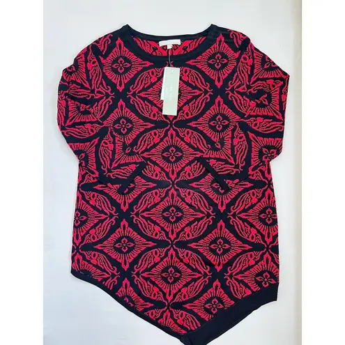 Joan Vass New York Sweater Tunic Size M Black Red Jacquard Asymmetrical Hem