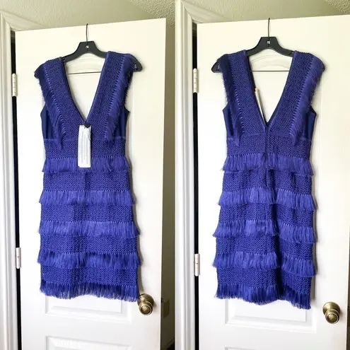 PatBO Dress Fringe Midi Crochet Tiered Sleeveless Beach Wedding Indigo 8 NWT Blue