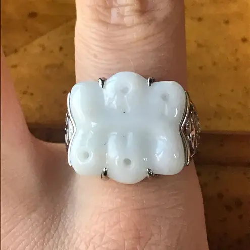 Natural Carved White Jade Sterling Silver Ring Size 9 Discounted