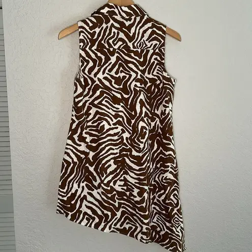 Ellen Tracy Linen Animal Print Top Tunic Brown White Zebra Asymmetric Tribal Vacation Aztec