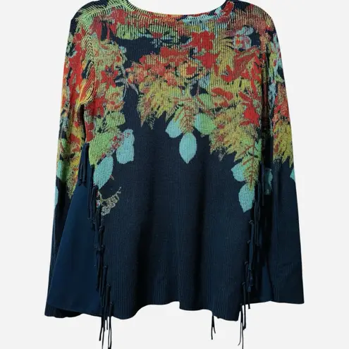 Desigual Floral Embroidered Fringe Hem Sweater Boho Artsy Knit Navy Sz S