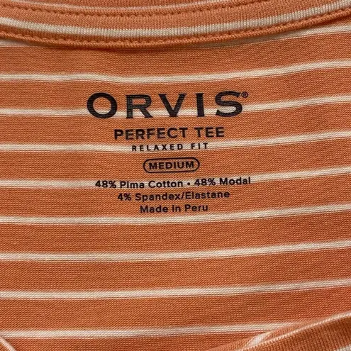 Orvis Perfect Tee Orange White Striped V-Neck Shirt Women’s Medium