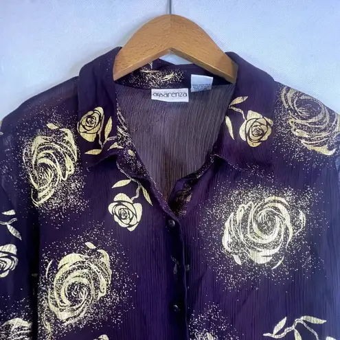 Apparenza Purple with Gold Metallic Roses Sheer Blouse Size XL
