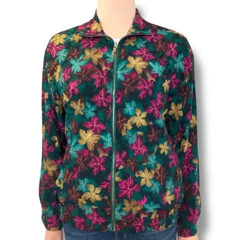 Vintage Teddi Floral Bomber Jacket Zip Front Fall Leaf Print Teal Pink Gold 12 Blue Size M
