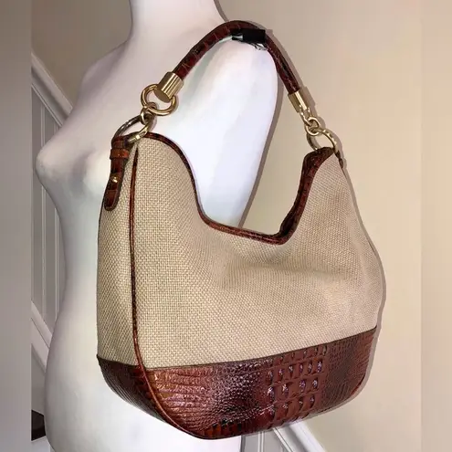 Brahmin Canvas and Warm Brown Crocodile Leather Shoulder Bag with Medallion