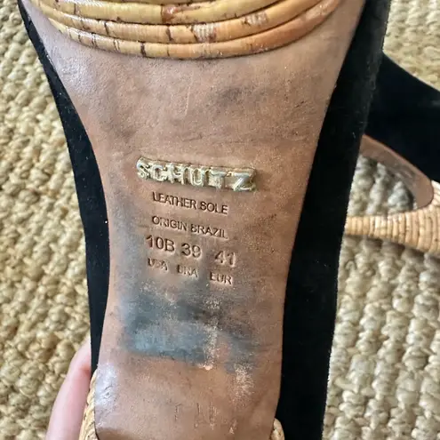 Schutz Black Suede platform Peep-Toe Heels with bamboo look soles and heels sz10