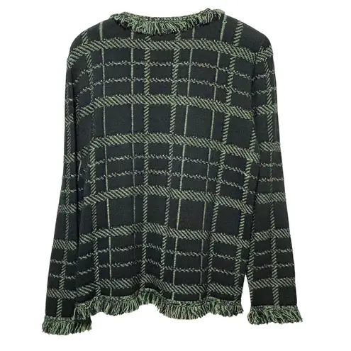 VTG San Remo Womens Knit Jacket XL Black Green Fringe Geometric Boho Cottagecore