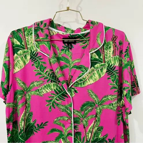 Room Service Pajama Top Size Large Pink Green Palm Print Tropical Short Sleeve