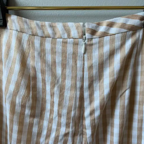 Majorelle  Theo gingham check print tan and cream wide leg pants w/ tassel detail