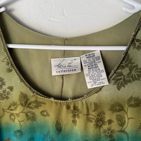Kathie Lee Collection 90s Sleeveless Floral Dress M Green Blue Ombre Vintage