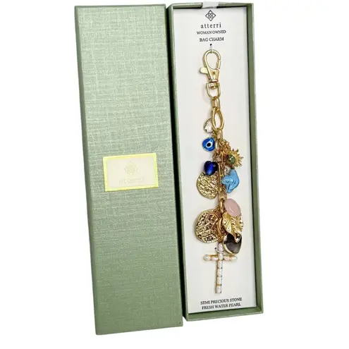 Atterri Bag Charm Stone Fresh Water Pearl Religious Cross Evil Eye Key Ring New Gold