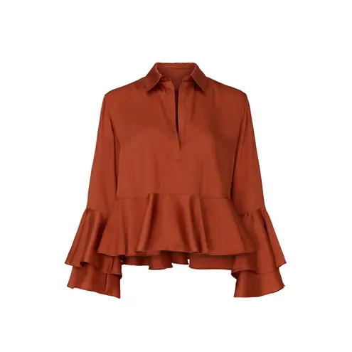 Cinq à Sept Cinq a Sept Kirin Orange Satin Ruffled Bell Sleeve Collared Blouse Top Size XS